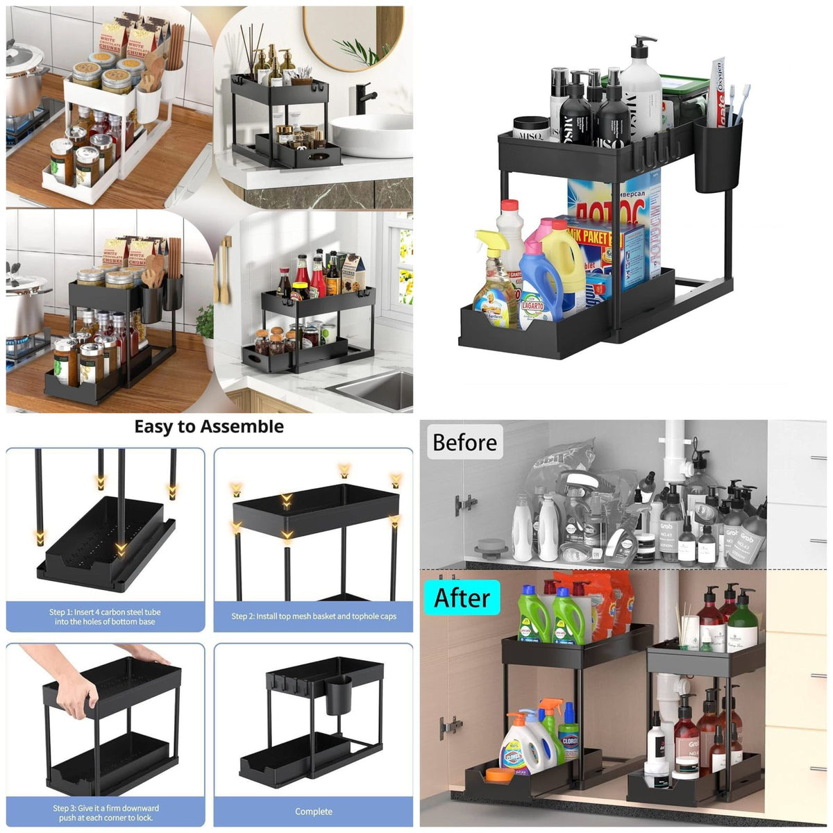 Sliding Rack With Hooks 2 Tier Under Sink Organizer Sliding Storage Rack With Sliding Drawers ...