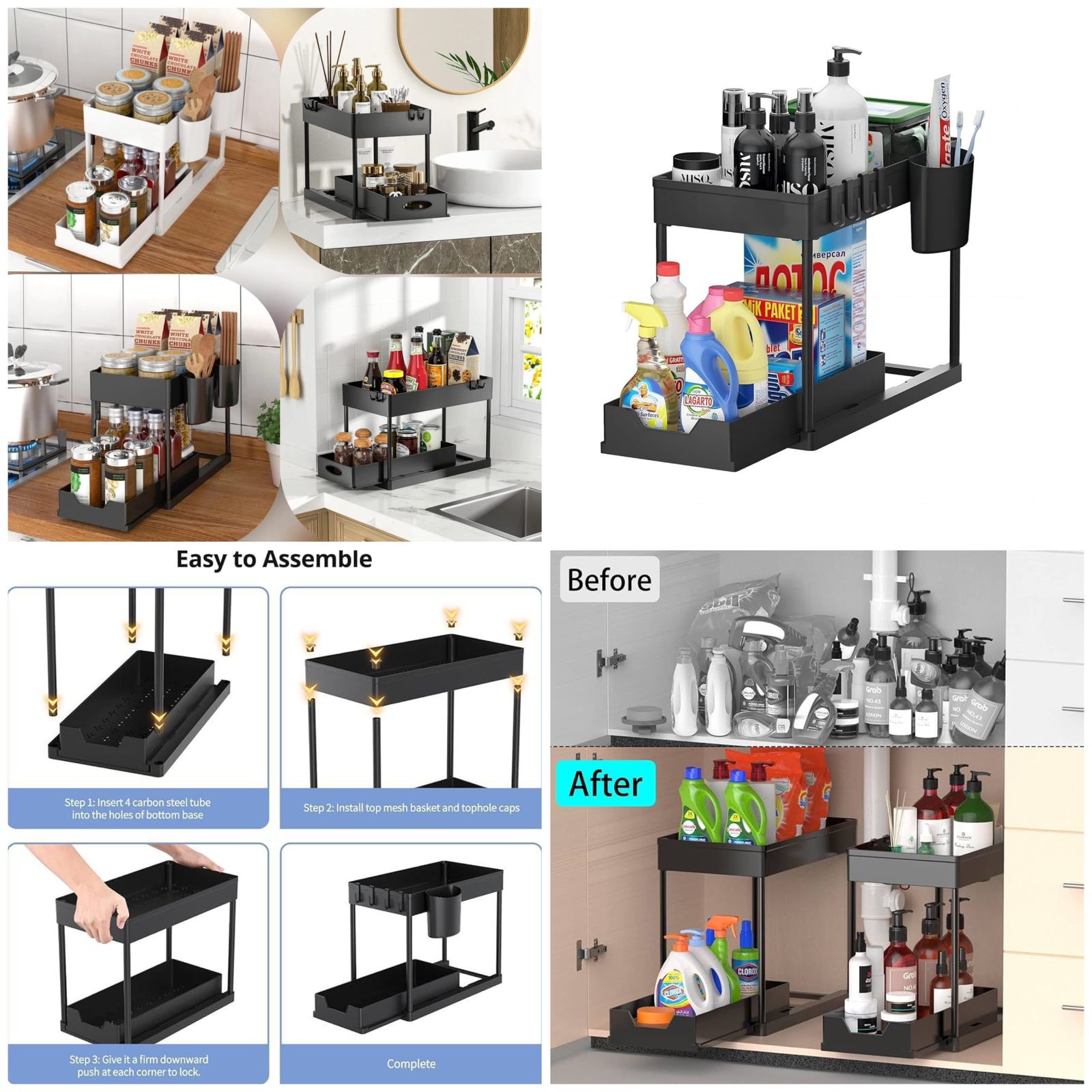 2 Tier Under Sink Organizer Sliding Storage Rack With Sliding Drawers Hooks