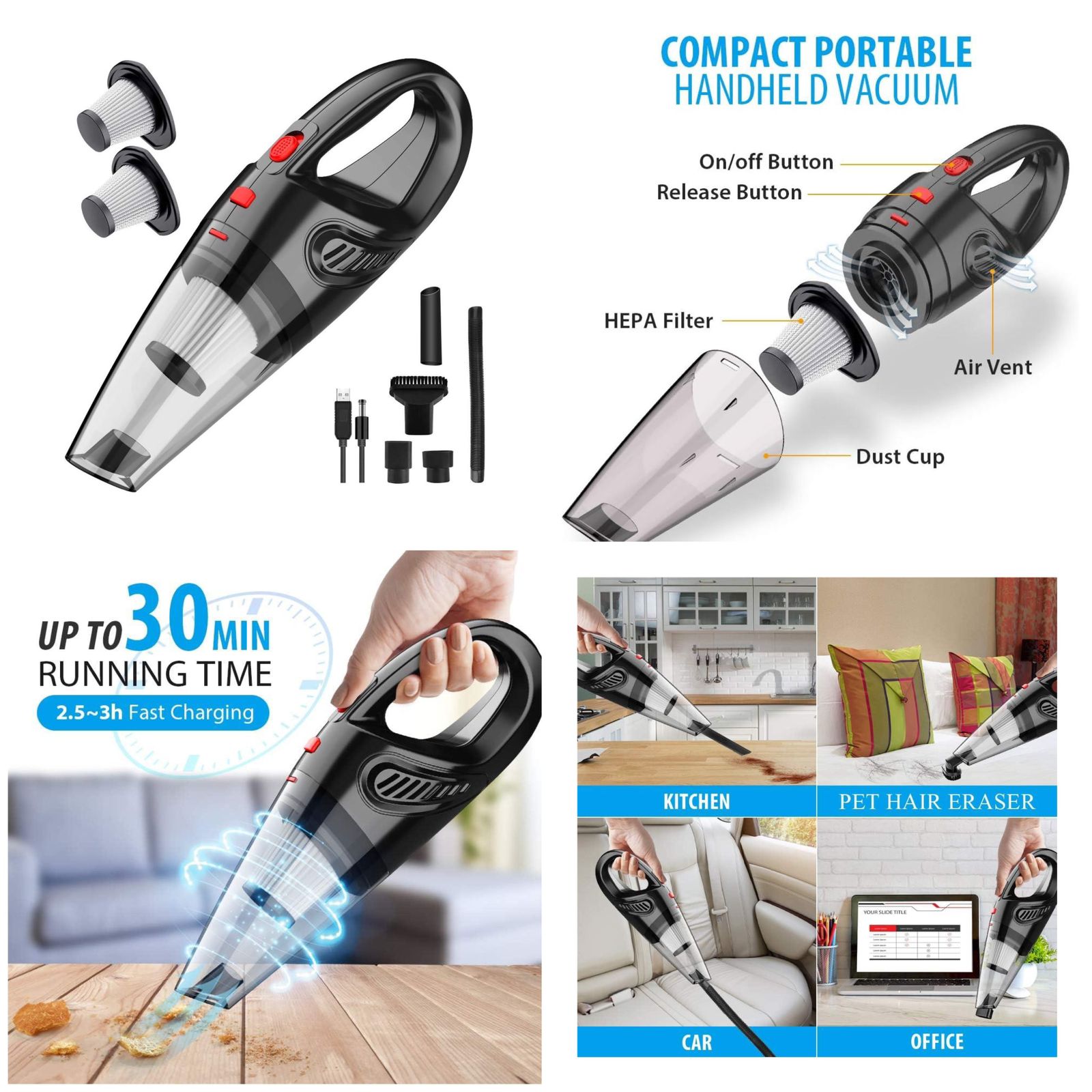 High Power Vacuum Cleaner Handheld Rechargeable for Home and Car Cleaning